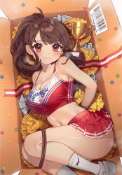 Rule 34 | 1girl, 3:, arms behind back, bare arms, bare shoulders, bound, box, breasts, brown hair, cardboard box, cheerleader, cleavage, closed mouth, collarbone, crop top, frown, halterneck, halterneck, highres, in container, large breasts, long hair, looking at viewer, lying, midriff, miniskirt, navel, on back, original, pleated skirt, pom pom (cheerleading), ponytail, red eyes, red shirt, red skirt, restrained, rope, sakura yuki (clochette), shirt, skirt, sleeveless, sleeveless shirt, socks, solo, stomach, strap gap, sweat, thighs, trophy, white socks