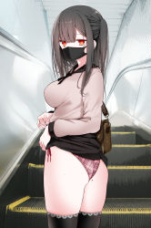 Rule 34 | 1girl, ass, black hair, black skirt, black thighhighs, breasts, brown sweater, carrying bag, clothes lift, escalator, from behind, highres, lifting own clothes, long hair, looking at viewer, looking back, mask, medium breasts, miniskirt, mole, mole on ass, mole under eye, mouth mask, oouso, original, panties, pink panties, pleated skirt, red eyes, side-tie panties, skirt, skirt lift, solo, standing, star-shaped pupils, star (symbol), sweater, symbol-shaped pupils, thighhighs, underwear