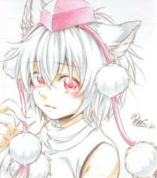 Rule 34 | 1girl, animal ears, bad id, bad pixiv id, bare shoulders, blush, detached sleeves, hat, highres, inubashiri momiji, looking at viewer, nora wanko, pom pom (clothes), red eyes, short hair, signature, silver hair, simple background, solo, tokin hat, touhou, traditional media, white background, wide sleeves, wolf ears