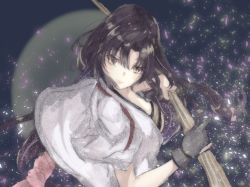 Rule 34 | 1girl, bad id, bad pixiv id, bandeau, black gloves, black hair, bow (weapon), brown eyes, closed mouth, gloves, hadanugi dousa, holding, holding weapon, kantai collection, long hair, looking at viewer, low-tied long hair, open kimono, partially fingerless gloves, sa-ya2, shouhou (kancolle), solo, traditional media, upper body, weapon