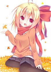 Rule 34 | 1girl, absurdres, adapted costume, ahoge, autumn leaves, black pantyhose, blonde hair, blush, bow, esureki, fang, hair bow, highres, long sleeves, looking at viewer, open mouth, orange shirt, pantyhose, red eyes, rumia, scarf, shirt, sitting, skirt, smile, solo, sweater, touhou