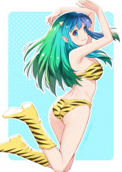 Rule 34 | 1girl, absurdres, animal print, bikini, blue background, blue eyes, blue hair, boots, breasts, cleavage, closed mouth, commentary request, gradient hair, green hair, highres, horns, kazuma muramasa, long hair, looking at viewer, lum, medium breasts, multicolored hair, pointy ears, polka dot, polka dot background, print bikini, print footwear, simple background, smile, solo, swimsuit, tiger print, two-tone background, two-tone hair, urusei yatsura, yellow bikini, yellow footwear