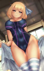 Rule 34 | 1girl, aged down, alice margatroid, alice margatroid (pc-98), blonde hair, blue bow, blue eyes, blue hairband, blue one-piece swimsuit, blue thighhighs, bow, breasts, cleavage, closed mouth, commentary request, covered navel, dutch angle, groin, hair bow, hairband, highleg, highleg swimsuit, highres, holding sarong, large breasts, one-piece swimsuit, oppai loli, sarong, short hair, shounen (hogehoge), smile, solo, striped clothes, striped thighhighs, swimsuit, thighhighs, touhou, touhou (pc-98), two-tone legwear, unworn sarong, white thighhighs