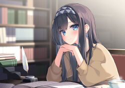 Rule 34 | 1girl, black hair, blue eyes, blurry, blurry background, book, book stack, bookshelf, brown sweater, closed mouth, commentary request, cup, depth of field, hairband, hands up, inkwell, long hair, long sleeves, looking at viewer, mahoutsukai rose no sado life, ominaeshi (takenoko), own hands together, puffy long sleeves, puffy sleeves, quill, rose (mahoutsukai rose no sado life), smile, solo, steam, sweater, upper body