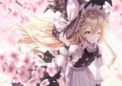 Rule 34 | 1girl, apron, black skirt, blonde hair, blurry, blurry background, blurry foreground, bow, braid, cherry blossoms, depth of field, hair bow, hat, hat bow, highres, kirisame marisa, long hair, looking at viewer, one eye closed, petals, puffy short sleeves, puffy sleeves, shirt, short sleeves, single braid, skirt, smile, solo, torinari (dtvisu), touhou, very long hair, vest, waist apron, white bow, white shirt, witch hat, wrist cuffs, yellow eyes