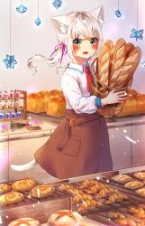Rule 34 | 1girl, :d, animal ears, baguette, bakery, basket, blush, bottle, bread, cat ears, cat tail, croissant, food, glint, green eyes, hair ribbon, highres, indoors, looking at viewer, michiru donut, necktie, open mouth, original, ornament, pink ribbon, red necktie, ribbon, shirt, shop, smile, solo, standing, tail, twintails, white hair, white shirt