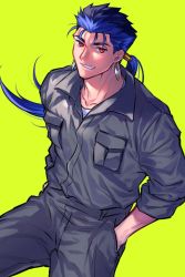 Rule 34 | 1boy, alternate costume, beads, blue hair, closed mouth, cowboy shot, cu chulainn (fate), earrings, fate/stay night, fate (series), floating hair, green background, grin, hair beads, hair ornament, hands in pockets, highres, jewelry, jumpsuit, cu chulainn (fate/stay night), long hair, looking at viewer, male focus, ponytail, red eyes, simple background, slit pupils, smile, solo, spiked hair, type-moon, uni (nico02)