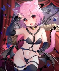 Rule 34 | absurdres, ahoge, animal ear fluff, animal ears, bell, bikini, black bikini, black gloves, black thighhighs, breasts, cat ears, cat girl, cat tail, chain, chained, collar, couch, demon girl, elbow gloves, fangs, fingerless gloves, gloves, hair between eyes, head wings, highres, jingle bell, looking at viewer, low wings, navel, nekopurin (nyanko prin), open mouth, original, pink hair, pubic tattoo, red eyes, small breasts, smile, swimsuit, tail, tattoo, thighhighs, underwear, wings