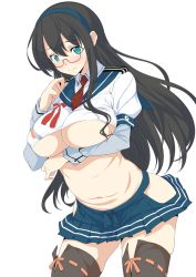 Rule 34 | 10s, 1girl, black hair, black thighhighs, blue eyes, blue hairband, blush, breast hold, breasts, glasses, hairband, hip vent, kantai collection, large breasts, long hair, navel, oona mitsutoshi, ooyodo (kancolle), simple background, skirt, solo, thighhighs, underboob, white background