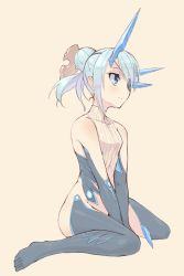 Rule 34 | 1girl, absurdres, armlet, armpits, bare shoulders, barefoot, bikini, blue bikini, blue eyes, blue hair, bow, breasts, earrings, eyepatch, full body, gloves, hair bow, hair ornament, highres, horns, jewelry, medium hair, namicha, nintendo, official art, simple background, single horn, sleeveless, small breasts, smile, solo, swimsuit, theory (xenoblade), toes, xenoblade chronicles (series), xenoblade chronicles 2, yellow background