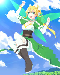 Rule 34 | 10s, 1girl, :d, arms up, blonde hair, blue eyes, boots, breasts, cleavage, cloud, corset, day, fairy wings, female focus, highres, large breasts, leafa, loco 65 o1o1, open mouth, smile, solo, sword art online, thighhighs, white thighhighs, wings
