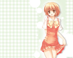 Rule 34 | 00s, 1girl, :d, blonde hair, bow, bowtie, brown eyes, checkered background, clothes lift, dress, dress lift, green background, kashimashi, luna lia, open mouth, osaragi hazumu, red dress, short hair, short sleeves, simple background, smile, solo, standing, wallpaper