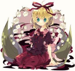 Rule 34 | 1girl, @ @, ahoge, barefoot, blonde hair, bow, bowtie, bruise, commentary, dirty, dirty clothes, expressionless, flower, frilled shirt collar, frills, full body, hair ribbon, highres, injury, lily of the valley, looking at viewer, medicine melancholy, medium hair, nikorashi-ka, one-hour drawing challenge, red bow, red ribbon, red shirt, red skirt, ribbon, ribbon-trimmed shirt, seiza, shirt, short sleeves, sitting, skirt, solo, torn clothes, touhou