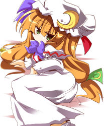Rule 34 | 1girl, alternate color, alternate hair color, blonde hair, bow, cosplay, crescent, dress, female focus, green eyes, hair ribbon, hat, lily white, long hair, lying, on side, patchouli knowledge, patchouli knowledge (cosplay), ribbon, shirogane (platinum), solo, touhou, white dress