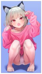 Rule 34 | 1girl, animal ears, baggy clothes, barefoot, blonde hair, blue background, bob cut, bra strap, cat ears, collarbone, crotch seam, fake animal ears, fang, feet, full body, grey hair, hair down, highres, long sleeves, looking at viewer, makaino ririmu, medium hair, multicolored hair, nijisanji, no pants, off shoulder, open mouth, oversized clothes, panties, paw pose, pink sweater, pointy ears, red eyes, sabamen, simple background, skin fang, sleeves past wrists, solo, squatting, streaked hair, sweater, toes, tsurime, underwear, virtual youtuber, white panties