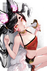 Rule 34 | 1girl, animal ears, black hair, black shorts, breasts, chinese clothes, cleavage, dudou, eating, eyeshadow, facial mark, food, food on face, fox ears, fox tail, full body, highres, holding, holding food, hu-er (robot cat), ice cream, ice cream cone, long hair, lying, makeup, on back, open mouth, original, red eyeshadow, red footwear, robot cat (robotcatart), shadow, shoes, shorts, small breasts, solo, tail, twintails, whisker markings, white background, white tail, yellow eyes