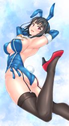Rule 34 | 1girl, adapted costume, animal ears, armpits, ass, black hair, black thighhighs, blue background, blue gloves, blue leotard, breasts, commentary request, detached collar, elbow gloves, fake animal ears, from behind, garter straps, gloves, hiballista, highres, kantai collection, large breasts, leotard, looking at viewer, looking back, playboy bunny, rabbit ears, rabbit tail, red eyes, short hair, solo, strapless, strapless leotard, tail, takao (kancolle), thighhighs, twisted torso, wrist cuffs