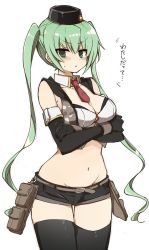Rule 34 | 1girl, :o, belt, black gloves, black thighhighs, blush, breasts, cleavage, cowboy shot, crop top, crossed arms, elbow gloves, girls&#039; frontline, gloves, green eyes, green hair, groin, hat, hip bones, holster, long hair, looking at viewer, micro uzi (girls&#039; frontline), midriff, mod3 (girls&#039; frontline), murakami meishi, navel, necktie, red necktie, short shorts, shorts, simple background, sleeveless, solo, standing, sweat, sweatdrop, thighhighs, translation request, twintails, very long hair, white background