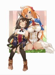 Rule 34 | 2girls, ahoge, animal ear fluff, animal ears, ascot, bare shoulders, black hair, black thighhighs, blue eyes, blush, blush stickers, breasts, cat ears, cat girl, chin rest, cleavage, closed eyes, detached sleeves, dress, drooling, gloves, hand on another&#039;s shoulder, head on head, head rest, head tilt, highres, karyl (princess connect!), large breasts, long hair, looking at another, medium breasts, mouth drool, multicolored hair, multiple girls, orange hair, outside border, pecorine (princess connect!), princess connect!, red ascot, shrug (clothing), sitting, sleeping, smile, streaked hair, techi (siro-white 0803), thighhighs, tiara, wariza, white dress, white gloves, white hair