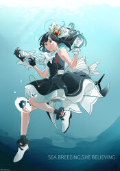 Rule 34 | 1girl, absurdres, air bubble, artist name, asymmetrical gloves, black dress, black eyes, black gloves, black hair, blue eyes, blue hair, breasts, bubble, closed mouth, colored inner hair, commentary request, crown, dress, floating hair, full body, gloves, gradient eyes, highres, kashikaze, long hair, medium breasts, mini crown, mismatched gloves, multicolored eyes, multicolored hair, real life, sleeveless, sleeveless dress, solo, toono hikaru, two-tone hair, underwater, voice actor, white footwear, white gloves