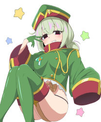 Rule 34 | 1girl, araga kiwi, black panties, boots, commentary, double bun, empty eyes, garter straps, gloves, green footwear, green gloves, green hair, green jacket, grin, hair bun, half-closed eyes, hat, highres, jacket, kunugi (user vsam8753), leoparde (mahou shoujo ni akogarete), looking at viewer, magical girl, mahou shoujo ni akogarete, medium hair, military hat, military jacket, mole, mole under eye, no pants, panties, purple eyes, simple background, sleeves past fingers, sleeves past wrists, smile, solo, star (symbol), string panties, thigh boots, underwear, v over eye, very long sleeves, white background