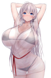 Rule 34 | 1girl, absurdres, arms behind head, azur lane, bikini, black bikini, blue eyes, blush, breasts, cleavage, closed mouth, collarbone, cowboy shot, curvy, earrings, grey hair, highres, huge breasts, jewelry, long hair, looking at viewer, mainz (azur lane), mainz (the silkiest brew) (azur lane), navel, see-through, single earring, solo, standing, string, string of fate, swimsuit, swimsuit under clothes, thick thighs, thighs, white background, wide hips, yuuki shuri
