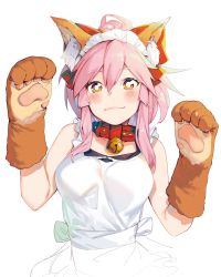 Rule 34 | 1girl, animal ear fluff, animal ears, animal hands, apron, bell, blush, bright pupils, collar, fate/grand order, fate (series), fox ears, gloves, highres, looking at viewer, menea, neck bell, orange eyes, paw gloves, pink hair, smile, solo, tamamo (fate), tamamo cat (fate), upper body, white background, white pupils