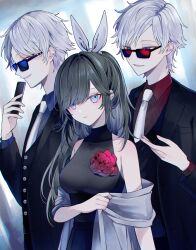Rule 34 | 1girl, 2boys, black jacket, black shirt, blazer, blue eyes, blue skirt, bodyguard, bow, brown hair, flower, grey bow, grey shirt, gun, hair bow, high ponytail, highres, holding, holding gun, holding weapon, jacket, long sleeves, looking at viewer, multiple boys, muon, necktie, open mouth, original, red eyes, red flower, red rose, red shirt, rose, shirt, short hair, skirt, smile, striped clothes, striped shirt, sunglasses, weapon, white hair, white necktie