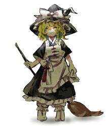 Rule 34 | 1girl, absurdres, black dress, blonde hair, braid, broom, commentary request, dress, full body, grin, hair ribbon, hanbok, hat, highres, holding, holding broom, kirisame marisa, korean clothes, looking at viewer, medium hair, nunrb, ribbon, shadow, simple background, smile, solo, standing, straight-on, touhou, tress ribbon, white background, witch hat, yellow eyes