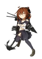 Rule 34 | 10s, 1girl, black skirt, black thighhighs, brown eyes, brown hair, collarbone, fang, full body, hair ornament, ikazuchi (kancolle), kantai collection, looking at viewer, official art, open mouth, pleated skirt, shirt, skirt, solo, thighhighs, torn clothes, torn shirt, torn skirt, transparent background, white shirt, yadokari (migihashi)