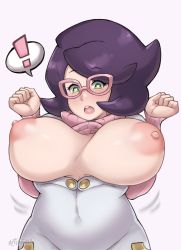 Rule 34 | !, 1girl, artist name, artsheops, big hair, blush, breasts, clenched hands, clothes lift, commentary, covered navel, creatures (company), english commentary, eyelashes, game freak, glasses, green eyes, hands up, heart, heart-shaped pupils, highres, looking down, nintendo, nipples, open mouth, pink-framed eyewear, pink sweater, pokemon, pokemon sm, purple hair, ribbed sweater, shiny skin, solo, spoken exclamation mark, sweater, sweater lift, symbol-shaped pupils, teeth, tongue, upper teeth only, watermark, wicke (pokemon)
