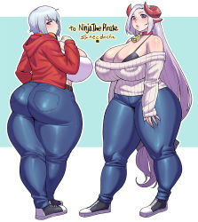 Rule 34 | 2girls, animal ears, artist name, ass, bell, black bra, borrowed character, bra, breasts, cleavage, commission, cow ears, cow girl, cow horns, cowbell, curvy, denim, full body, hanako (debaucheryninja), hood, hoodie, horns, huge ass, huge breasts, jeans, long hair, looking back, low-tied long hair, mole, mole under eye, multiple girls, neck bell, off-shoulder sweater, off shoulder, original, pants, parted bangs, plump, red eyes, ribbed sweater, shoes, short hair, silver hair, skeb commission, sleeves past wrists, sneakers, strapless, sweater, synecdoche, thick thighs, thighs, tube top, underwear, vella (debaucheryninja), very long hair, wide hips