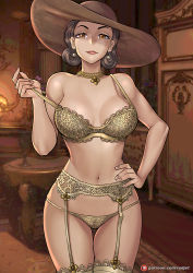 Rule 34 | 1girl, alcina dimitrescu, black hair, bra, breasts, brown eyes, capcom, earrings, garter belt, hand on own hip, hat, jewelry, lingerie, looking at viewer, mature female, narrow waist, necklace, panties, redjet, resident evil, resident evil village, short hair, smile, solo, standing, thighhighs, underwear, underwear only