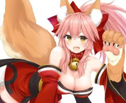 Rule 34 | 1girl, animal ear fluff, animal ears, animal hands, bare shoulders, bell, blush, breasts, cat paws, cleavage, collar, detached sleeves, fangs, fate/grand order, fate (series), fox ears, fox girl, fox tail, gloves, hair ribbon, highres, japanese clothes, large breasts, long hair, looking at viewer, neck bell, open mouth, paw gloves, pink hair, ponytail, red ribbon, ribbon, simple background, solo, tail, tamamo (fate), tamamo cat (fate), tamamo cat (first ascension) (fate), white background, yamamura umi, yellow eyes