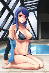 Rule 34 | 1girl, barefoot, bikini, blue hair, breasts, cleavage, din (raiden), gakuen taisen valkyries, glasses, hairband, highres, large breasts, legs, long hair, looking at viewer, parted lips, pink eyes, print bikini, rei no pool, sabra greengold, seiza, sitting, solo, swimsuit, thighs, tile floor, tiles, wet
