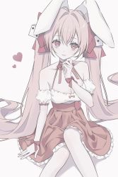 Rule 34 | 1girl, animal ears, azuki (ckxs7444), bow, rabbit ears, collarbone, detached sleeves, di gi charat, dice hair ornament, dress, hair bow, hair ornament, heart, highres, long hair, looking at viewer, neck ribbon, pink hair, red bow, red eyes, ribbon, simple background, sitting, sleeveless, sleeveless dress, smile, solo, twintails, usada hikaru, wrist ribbon