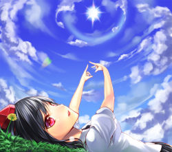 Rule 34 | 1girl, arms up, bad id, bad pixiv id, black hair, blue sky, cloud, day, expressionless, female focus, foreshortening, hat, looking away, lying, on back, open mouth, outstretched arms, parted lips, red eyes, shameimaru aya, shirt, short hair, skirt, sky, solo, tokin hat, touhou, unowen