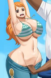 Rule 34 | 1boy, 1girl, armpits, arms up, bikini, bikini top only, breasts, bulge, cleavage, clothes pull, curvy, day, erection, erection under clothes, hetero, highres, huge breasts, imminent penetration, large breasts, long hair, nami (one piece), navel, no panties, one piece, pants, pants pull, pinkpawg, shiny skin, sky, source request, surprised, swimsuit, thick thighs, thighs, toned, undressing, very long hair, wide hips