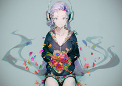 Rule 34 | 1girl, absurdly long hair, alternate hair color, blue eyes, blue flower, bouquet, breasts, character request, check character, chromatic aberration, commentary request, flower, hair rings, hatsune miku, headphones, holding, holding bouquet, holding flower, long hair, long sleeves, long twintails, looking at viewer, medium breasts, oguchi, orange flower, parted bangs, petals, pink flower, purple hair, red flower, sitting, smile, solo, very long hair, vocaloid, yellow flower