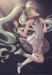 Rule 34 | 1girl, absurdly long hair, absurdres, ballerina, ballet slippers, bare arms, bare shoulders, bracelet, chest tattoo, closed eyes, dress, floating hair, full body, gold bowtie, gold trim, gramophone miku, green hair, grin, hair ornament, hands up, hatsune miku, highres, jewelry, light particles, long hair, luna mokamoka, miku symphony (vocaloid), number tattoo, see-through, see-through dress, sidelocks, single thighhigh, smile, solo, strapless, strapless dress, tattoo, teeth, thighhighs, tutu, twintails, very long hair, vocaloid, white dress, white footwear, white thighhighs