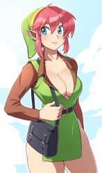 Rule 34 | 1girl, adapted costume, bag, bare legs, belt, blue eyes, blue sky, breasts, brellom, brown shirt, cleavage, collarbone, commentary, contemporary, cowboy shot, day, dress, english commentary, freckles, genderswap, genderswap (mtf), green dress, handbag, hat, light smile, link, link (shounen captain), lips, looking to the side, medium breasts, nintendo, no bra, pink hair, plunging neckline, pointy ears, shirt, side slit, sidelocks, sky, solo, standing, the legend of zelda, the legend of zelda: a link to the past, thick thighs, thighs, tunic, unbuttoned, unbuttoned shirt