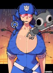 1girl animalization baseball_cap belt blue_hair blue_hat blue_shirt breasts buttons cat collared_shirt decepticon expressionless facing_viewer flying_button genderswap genderswap_(mtf) hat headphones headset highres huge_breasts humanization insignia jetpack jumping lower_teeth_only loyal_cloud motion_blur open_mouth orange_sky popped_button ravage_(transformers) red-tinted_eyewear shirt short_hair shoulder_cannon sky sleeves_rolled_up soundwave_(transformers) sunglasses teeth tinted_eyewear transformers triangular_eyewear upper_body walkie-talkie white_belt