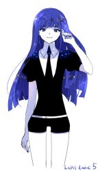 Rule 34 | 1other, androgynous, blue eyes, blue hair, character name, gem uniform (houseki no kuni), houseki no kuni, lapis lazuli (houseki no kuni), long hair, looking at viewer, nail polish, pale skin, puffy short sleeves, puffy sleeves, retto, short sleeves, shorts, smile, solo, sparkle, white background