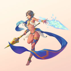 Rule 34 | 1girl, armlet, armpits, bare shoulders, barefoot, bigrbear, bracelet, breasts, commentary request, dark-skinned female, dark elf, dark skin, elf, full body, grey hair, hair ornament, highres, holding, holding weapon, ice, jewelry, legband, long hair, looking at viewer, magic, navel, original, parted lips, plantar flexion, pointy ears, polearm, red eyes, simple background, small breasts, smile, solo, spear, standing, standing on one leg, tiptoes, weapon, yellow background