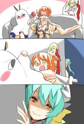 Rule 34 | 3koma, 5girls, alternate costume, animal ears, ayamori mimi, bags under eyes, bandages, bed sheet, bikini, blonde hair, blue bikini, blue eyes, blush, blush stickers, character cutout, closed eyes, colorized, comic, couch, drooling, eyes visible through hair, fate/grand order, fate (series), frankenstein&#039;s monster (fate), frankenstein&#039;s monster (swimsuit saber) (second ascension) (fate), fujimaru ritsuka (female), fujimaru ritsuka (female) (brilliant summer), green eyes, green hair, hair bun, hat, heart, heart-shaped pupils, highres, horns, kiyohime (fate), kiyohime (swimsuit lancer) (first ascension) (fate), looking afar, medjed (fate), multiple girls, nero claudius (fate), nero claudius (fate) (all), nero claudius (swimsuit caster) (fate), nitocris (fate), nitocris (fate/grand order), nitocris (swimsuit assassin) (fate), oda nobunaga (fate), oda nobunaga (koha-ace), oda nobunaga (swimsuit berserker) (fate), oda nobunaga (swimsuit berserker) (second ascension) (fate), official alternate costume, orange hair, side ponytail, single hair bun, smile, sweatdrop, swimsuit, symbol-shaped pupils, yellow eyes