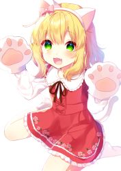 Rule 34 | 10s, 1girl, :3, :d, animal ears, animal hands, bad id, bad pixiv id, blonde hair, blush, cat ears, cat paws, collared dress, dress, fake animal ears, gloves, green eyes, hair ornament, hairband, highres, idolmaster, idolmaster cinderella girls, idolmaster cinderella girls starlight stage, long sleeves, looking at viewer, mafuyu (chibi21), open mouth, paw gloves, red dress, ribbon, sakurai momoka, short hair, simple background, sitting, smile, solo, wariza, white background