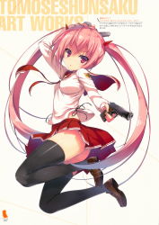 Rule 34 | 1girl, absurdres, black thighhighs, dual wielding, flat chest, full body, gun, handgun, hidan no aria, hidan no aria aa, highres, holding, holding weapon, kanzaki h. aria, loafers, long sleeves, looking at viewer, looking back, m1911, page number, pink hair, pistol, pleated skirt, red eyes, red skirt, scan, school uniform, serafuku, shiny skin, shoes, simple background, skirt, solo, thighhighs, thighs, tomose shunsaku, twintails, v-shaped eyebrows, weapon, zettai ryouiki