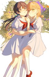 Rule 34 | 2girls, ankle socks, blue eyes, blue hair, brown footwear, commentary, dark blue hair, dkou, dress, feet out of frame, flower, green eyes, hair ornament, hasu no sora school uniform, heads together, highres, hinoshita kaho, holding another&#039;s arm, link! like! love live!, loafers, long hair, looking at viewer, love live!, low twintails, medium hair, mole, mole on neck, multiple girls, murano sayaka, neckerchief, orange flower, orange hair, parted lips, pleated dress, purple flower, rabbit hair ornament, red neckerchief, sailor collar, sailor dress, school uniform, shoes, short sleeves, side ahoge, sidelighting, socks, summer uniform, symbol-only commentary, twintails, white background, white dress, white sailor collar, white socks