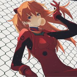 Rule 34 | 1girl, blue eyes, bodysuit, blowing bubbles, chain-link fence, chewing gum, cowboy shot, feishui chizi, fence, hairpods, hand up, leaning back, long hair, looking at viewer, neon genesis evangelion, orange hair, plugsuit, red bodysuit, solo, souryuu asuka langley, two side up, white background