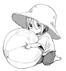 Rule 34 | 10s, 1boy, ball, beachball, child, greyscale, hat, idolmaster, idolmaster side-m, kneeling, koron chris, looking down, male focus, monochrome, ootokage, oversized clothes, oversized hat, short hair, shorts, solo, sun hat, aged down